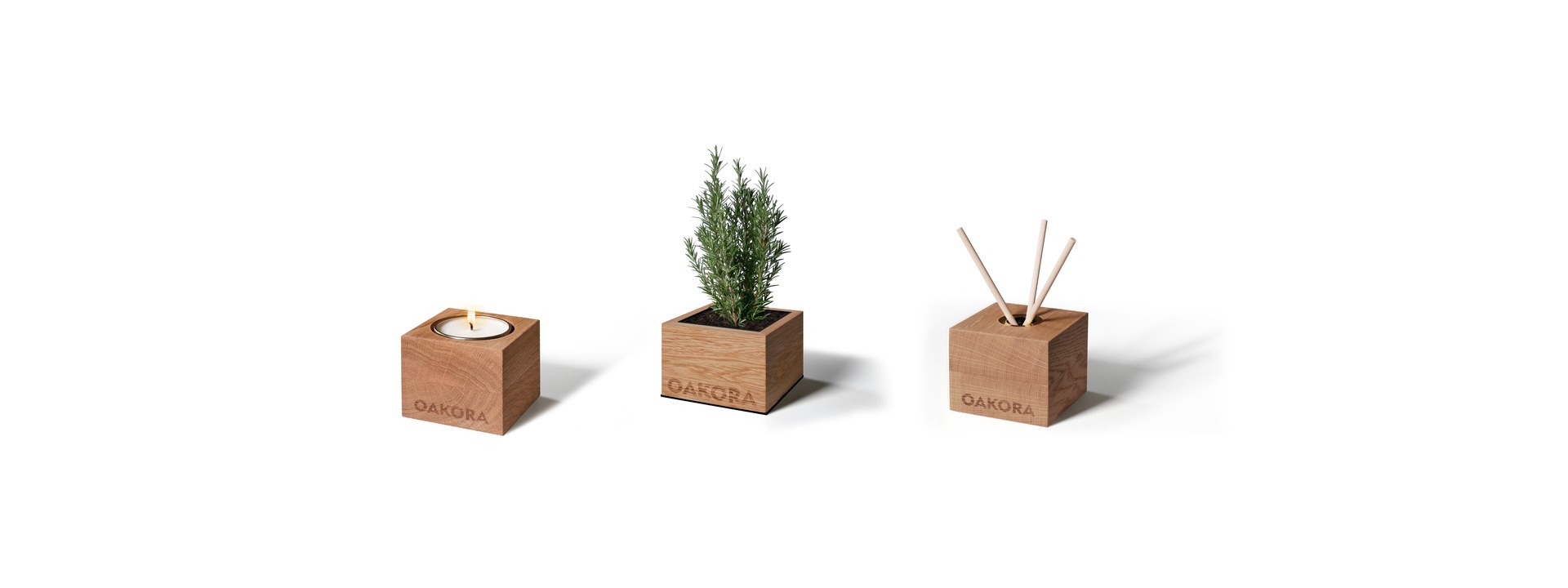 OAKORA Produkte aus massivem Eichenholz: Kerzenhalter, Blumentopf und Raumduft-Diffusor